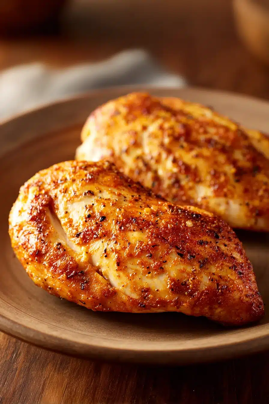 Close-up of boneless chicken breast with creamy sauce in air fryer