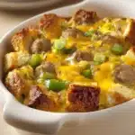 Close-up of a breakfast sausage and egg casserole with golden crust and herbs