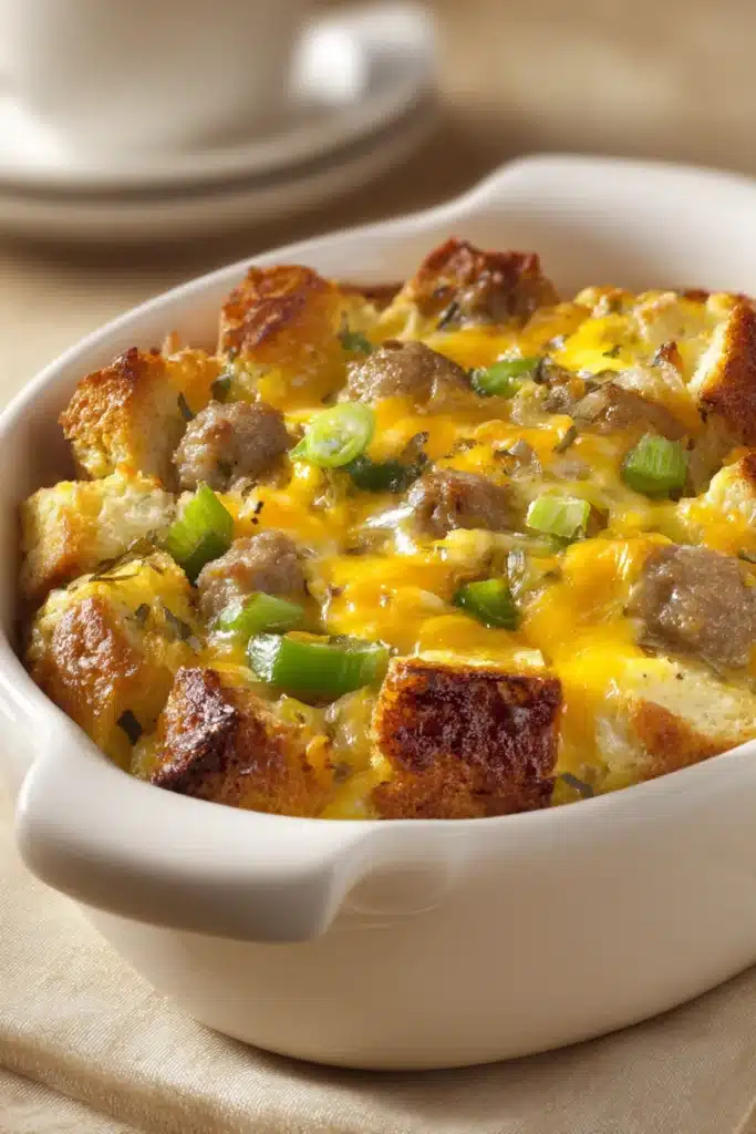 Close-up of a breakfast sausage and egg casserole with golden crust and herbs