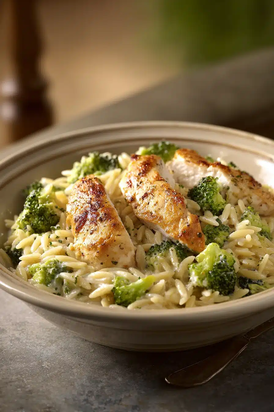 Close-up of Broccoli Cheddar Chicken Orzo with creamy sauce and herbs