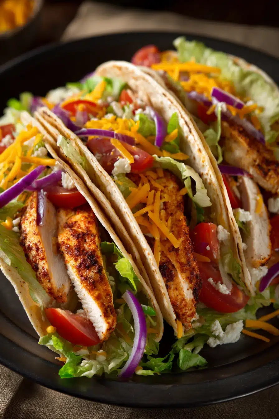 Close-up of Buffalo Chicken Tacos with vibrant toppings and a clean background.