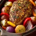 Cajun Style Baked Turkey Breast with Vegetables in bright natural lighting