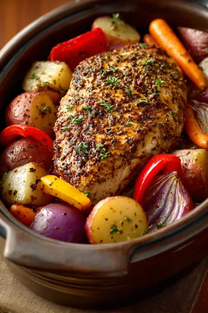 Cajun Style Baked Turkey Breast with Vegetables in bright natural lighting