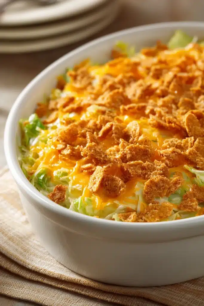Close-up of cheesy cabbage casserole with cracker topping, showcasing a golden crust and creamy texture.