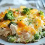 Close-up of a cheesy chicken rice broccoli casserole with melted cheese and broccoli florets.