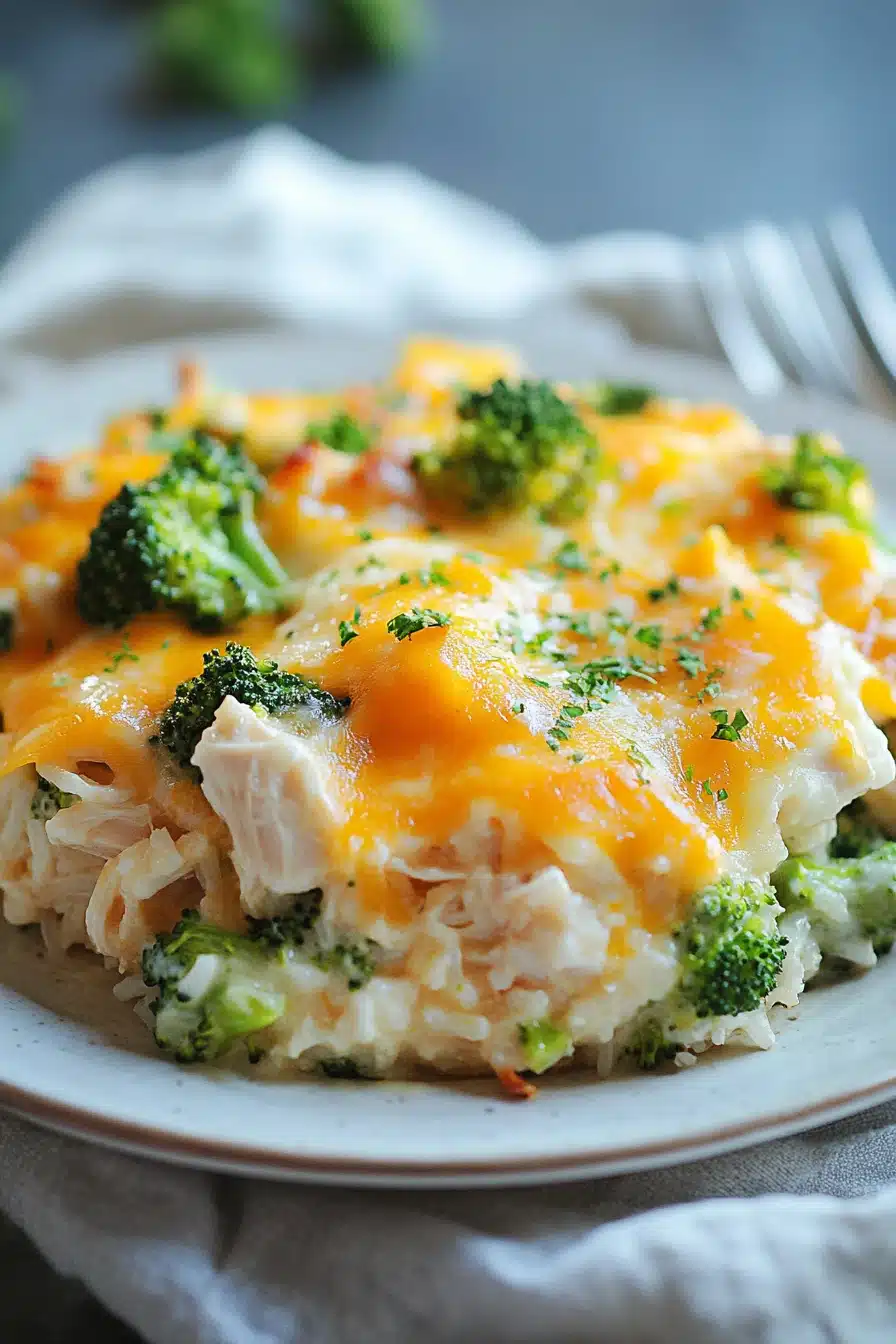 Close-up of a cheesy chicken rice broccoli casserole with melted cheese and broccoli florets.
