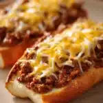 Close-up of cheesy garlic bread sloppy joes with melted cheese and garlic on a clean background