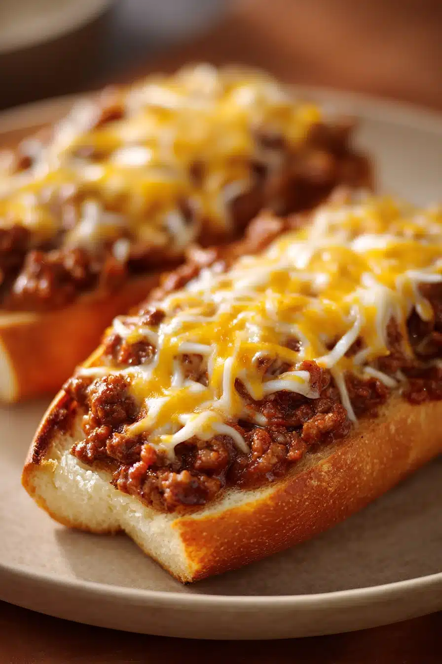 Close-up of cheesy garlic bread sloppy joes with melted cheese and garlic on a clean background