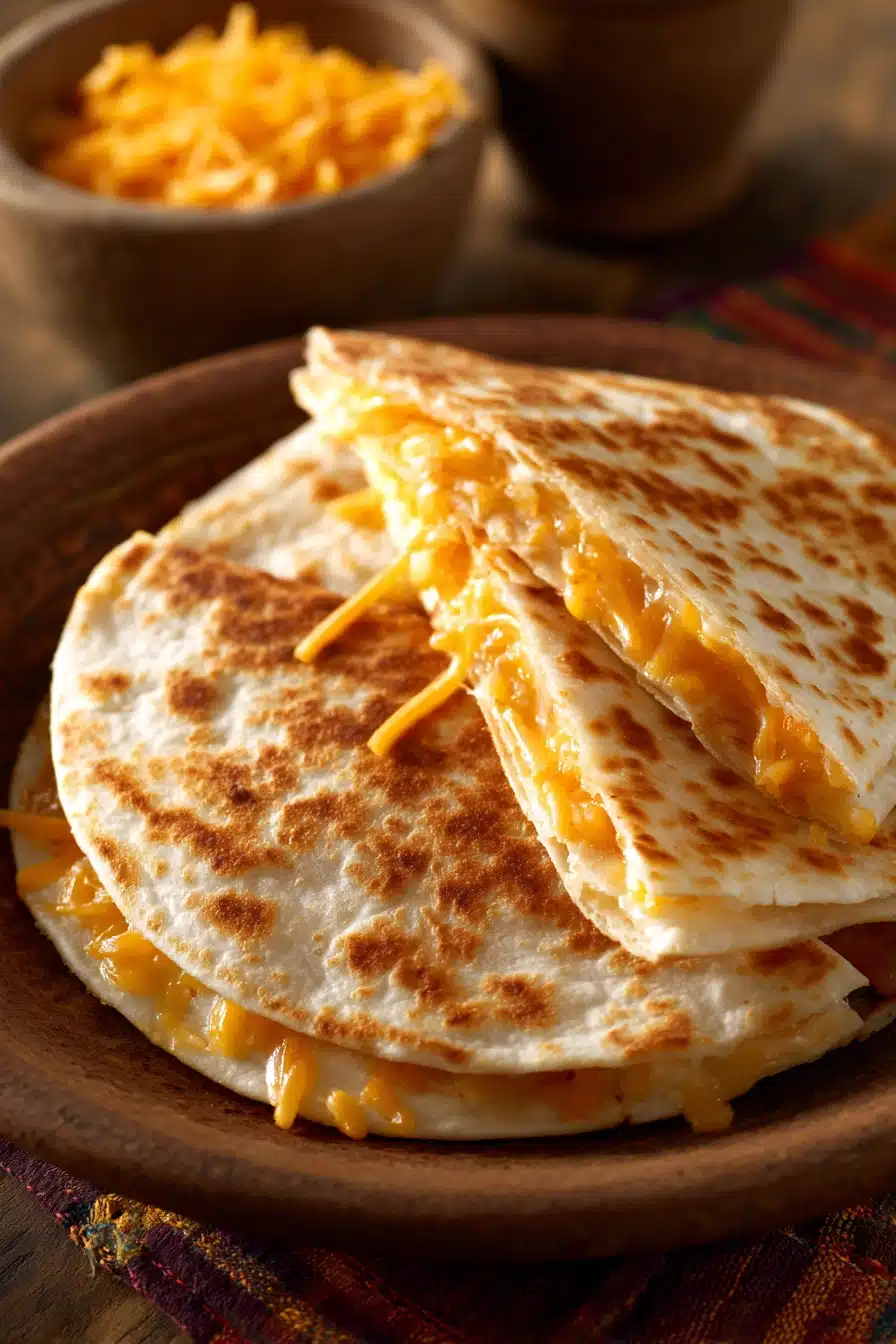 Close-up of a cheesy quesadilla with melted cheese oozing out, on a clean white plate.