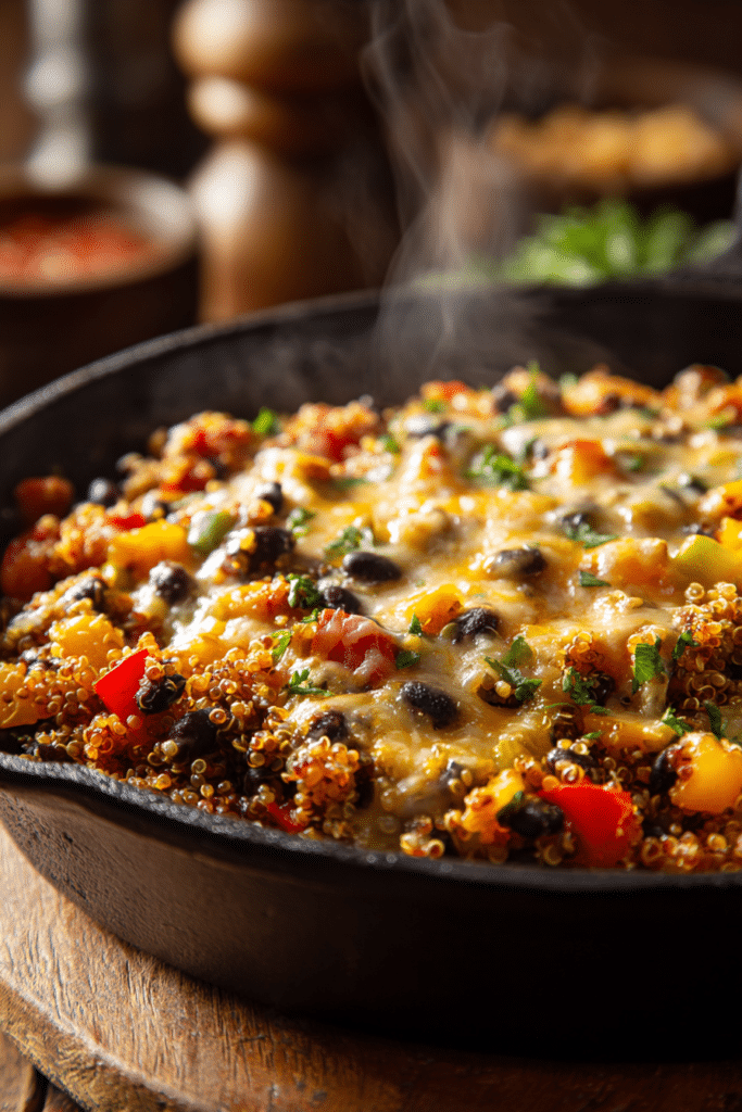 Close-up image of a rustic skillet filled with cheesy quinoa and black beans, topped with melted cheese and fresh vegetables, showcasing warm natural lighting and cozy textures.