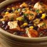 Close-up of Chicken and Black Bean Chili with vibrant colors and textures