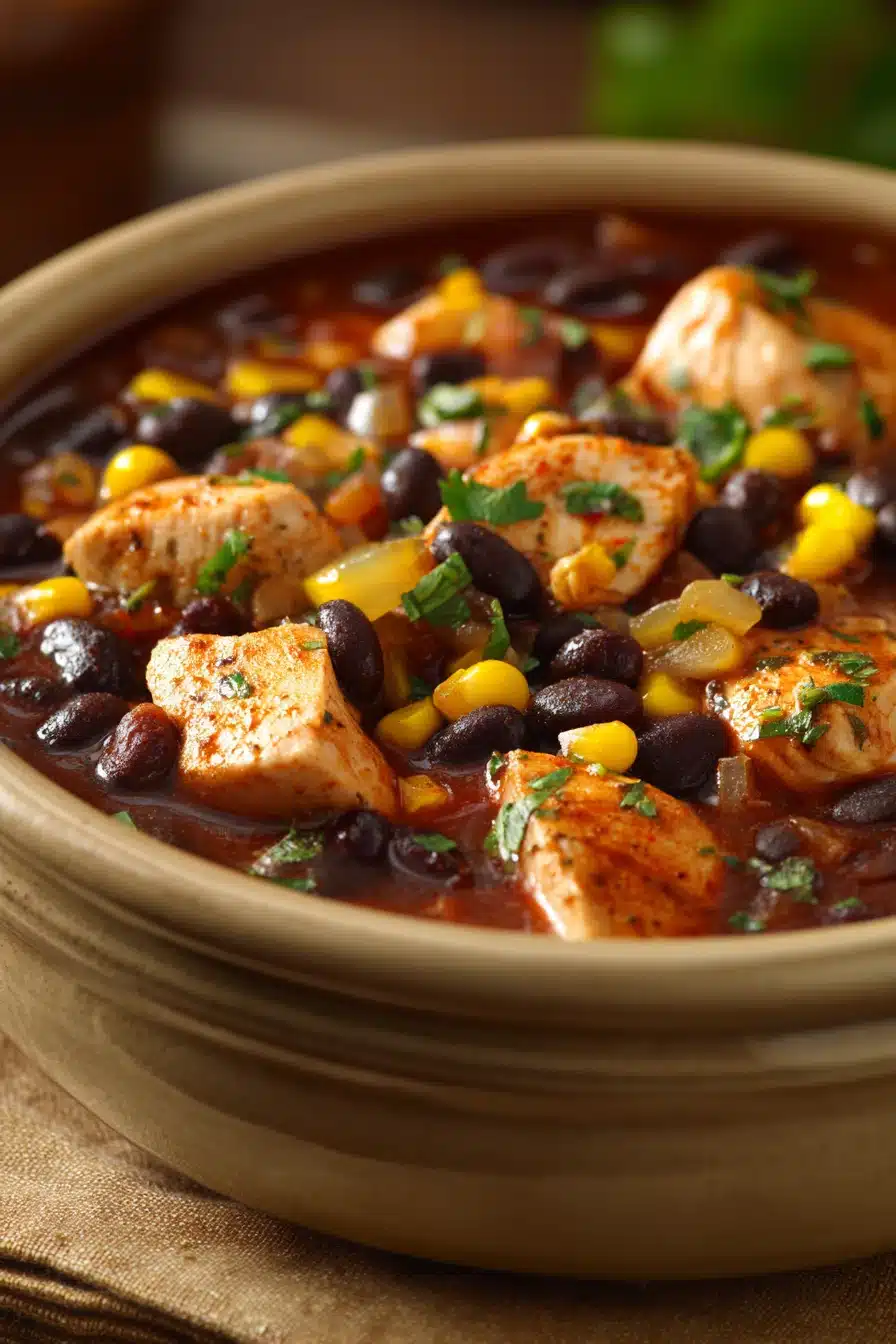 Close-up of Chicken and Black Bean Chili with vibrant colors and textures