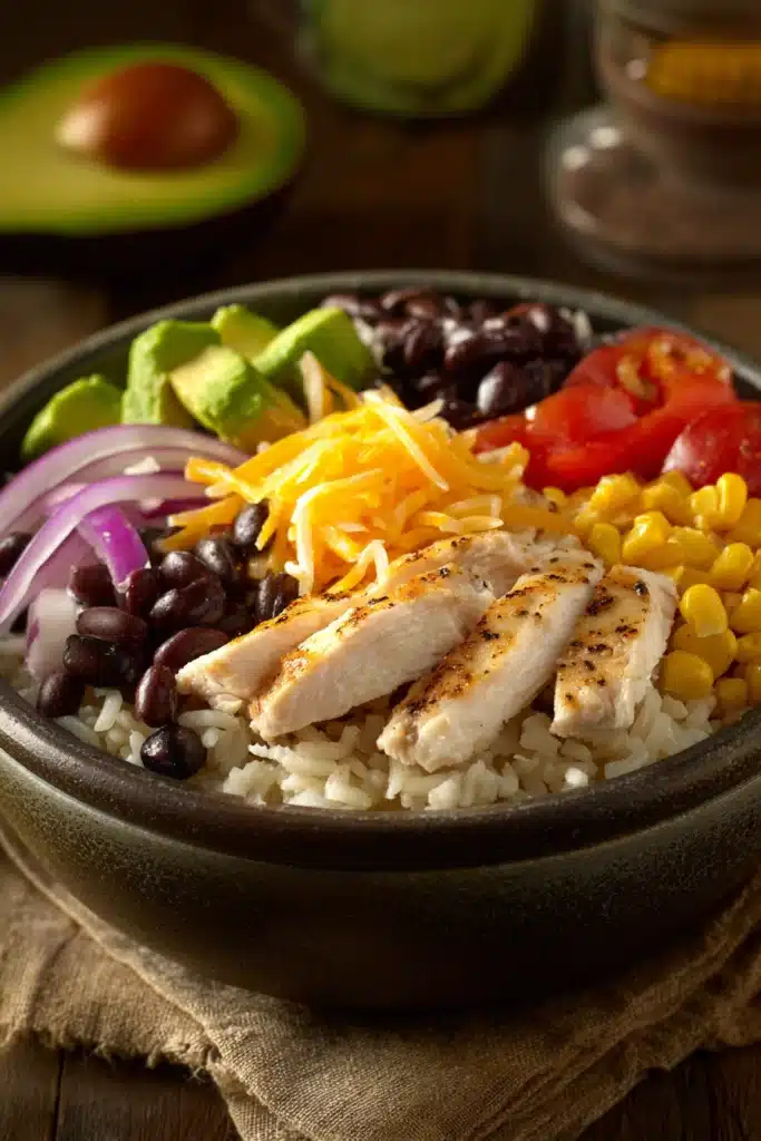 Close-up of a chicken and rice burrito bowl with fresh ingredients and vibrant colors.