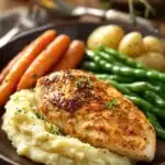 Close-up of a delicious chicken breast dinner with bright, warm lighting