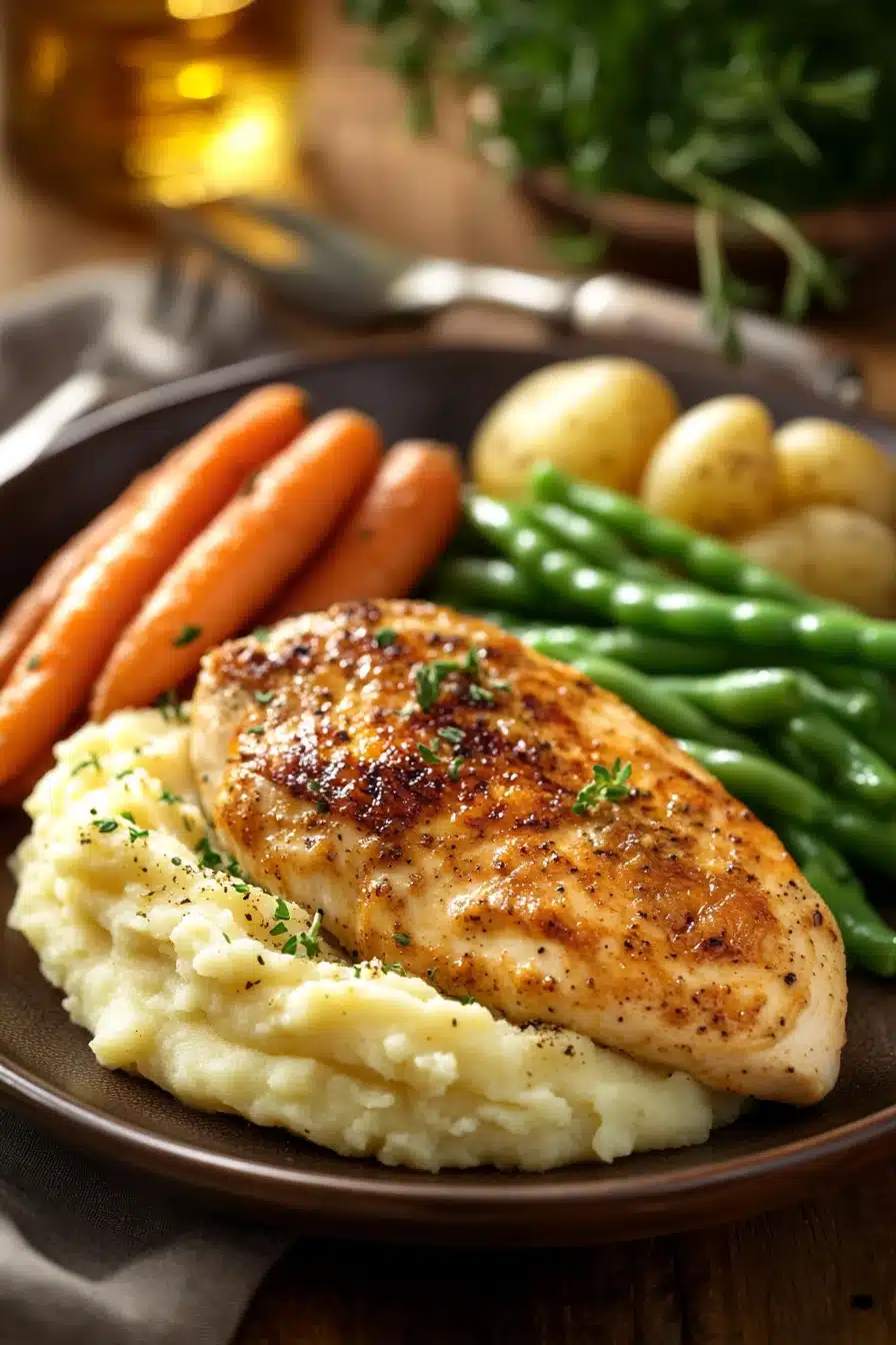 Close-up of a delicious chicken breast dinner with bright, warm lighting