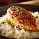Close-up of chicken breast with rice on a clean white plate, garnished with herbs.