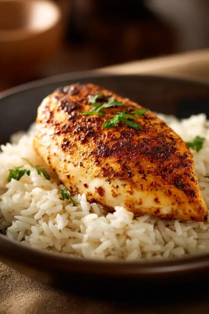 Close-up of chicken breast with rice on a clean white plate, garnished with herbs.