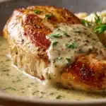 Close-up of chicken breast with creamy sauce on a plate, garnished with herbs.