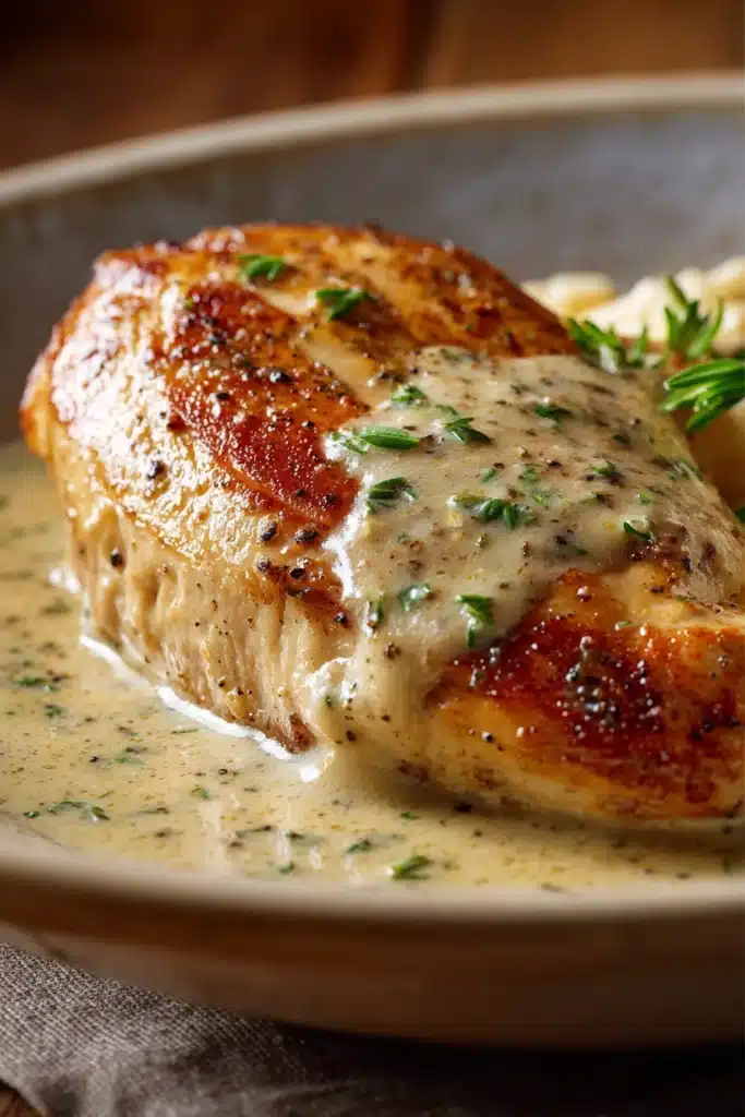 Close-up of chicken breast with creamy sauce on a plate, garnished with herbs.