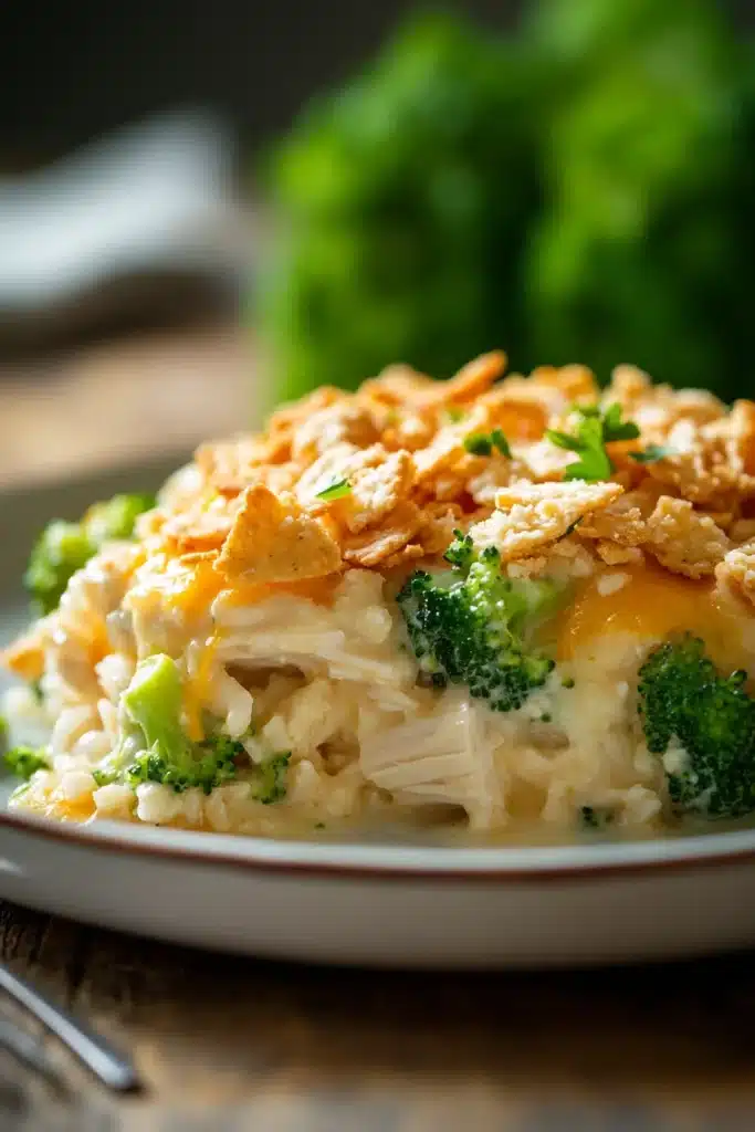 Close-up of a chicken broccoli casserole with creamy sauce, perfect for a freezer meal.
