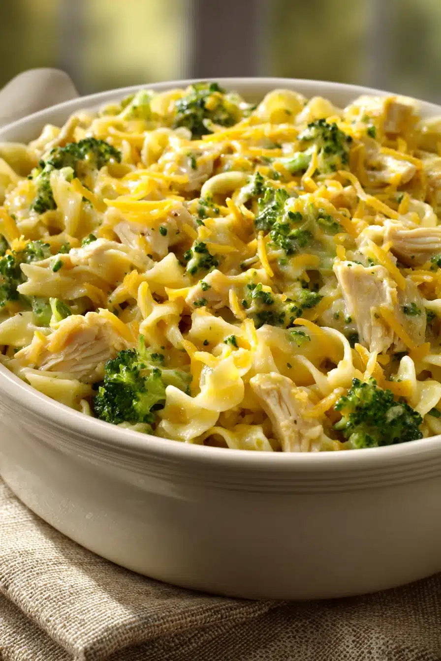 Close-up of chicken broccoli casserole with noodles, topped with cheese and herbs.