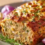 Close-up of chicken meatloaf with garlic and parmesan, served on a white plate.