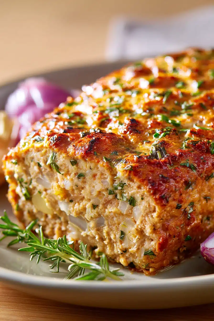 Close-up of chicken meatloaf with garlic and parmesan, served on a white plate.