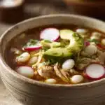 Close-up of Chicken Pozole with vibrant vegetables and chicken in a warm broth