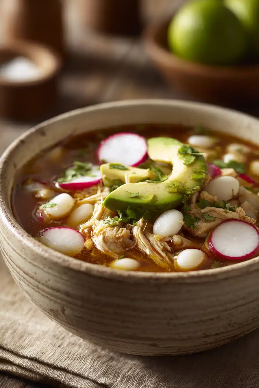 Close-up of Chicken Pozole with vibrant vegetables and chicken in a warm broth