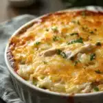 Close-up of chicken rice casserole with creamy sauce and herbs, perfect for a comforting meal.