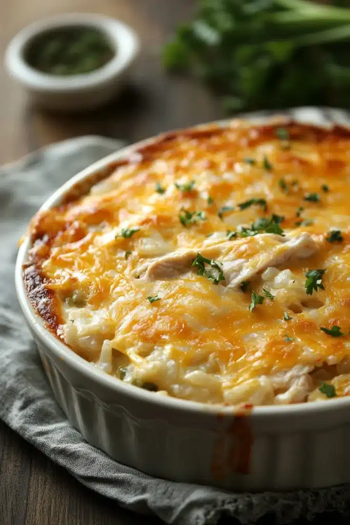 Close-up of chicken rice casserole with creamy sauce and herbs, perfect for a comforting meal.