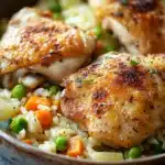 Close-up of a chicken rice casserole in a white dish with a golden crust