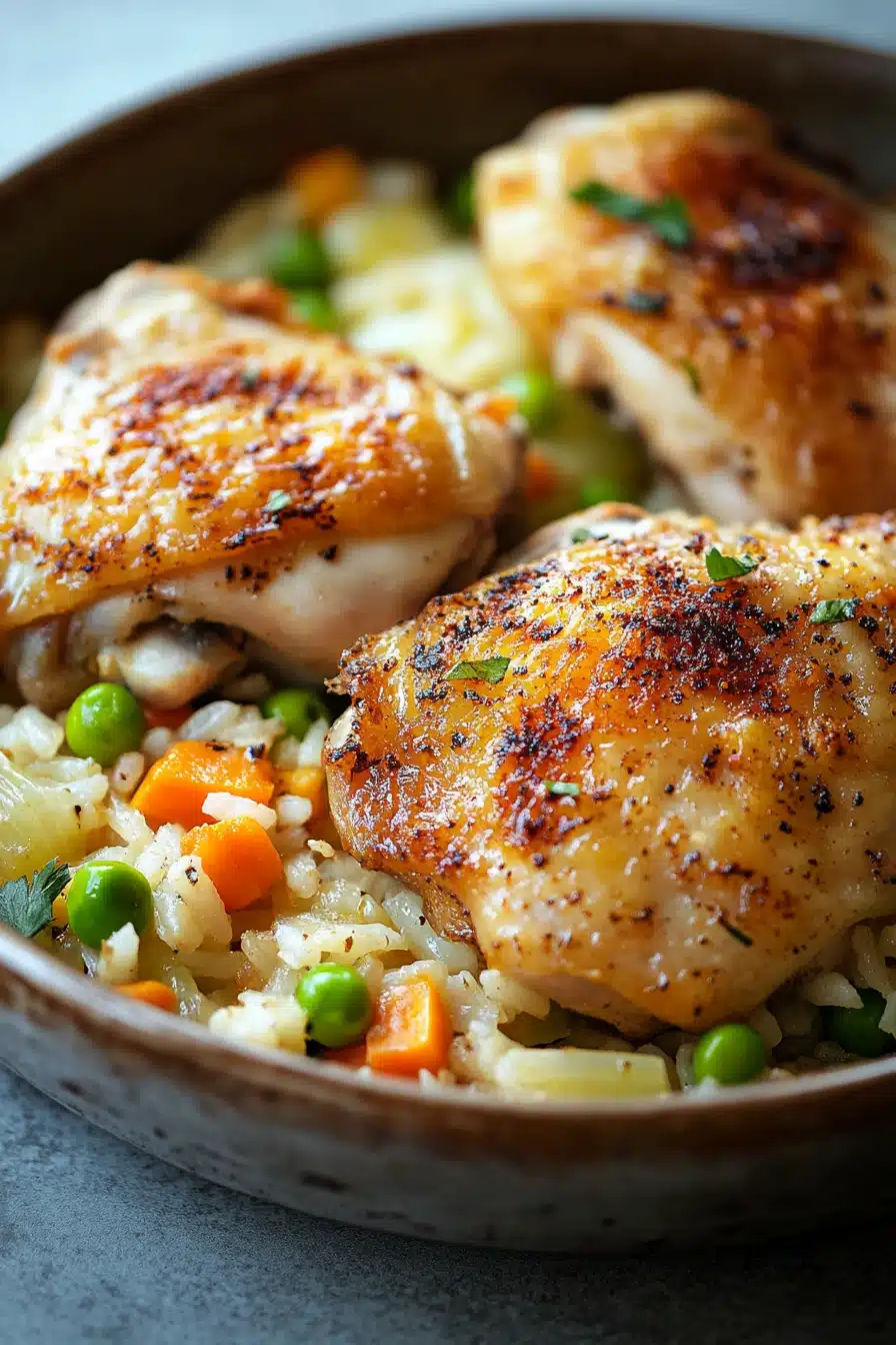 Close-up of a chicken rice casserole in a white dish with a golden crust