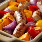 Close-up of a chicken sausage sheet pan meal with roasted vegetables and herbs