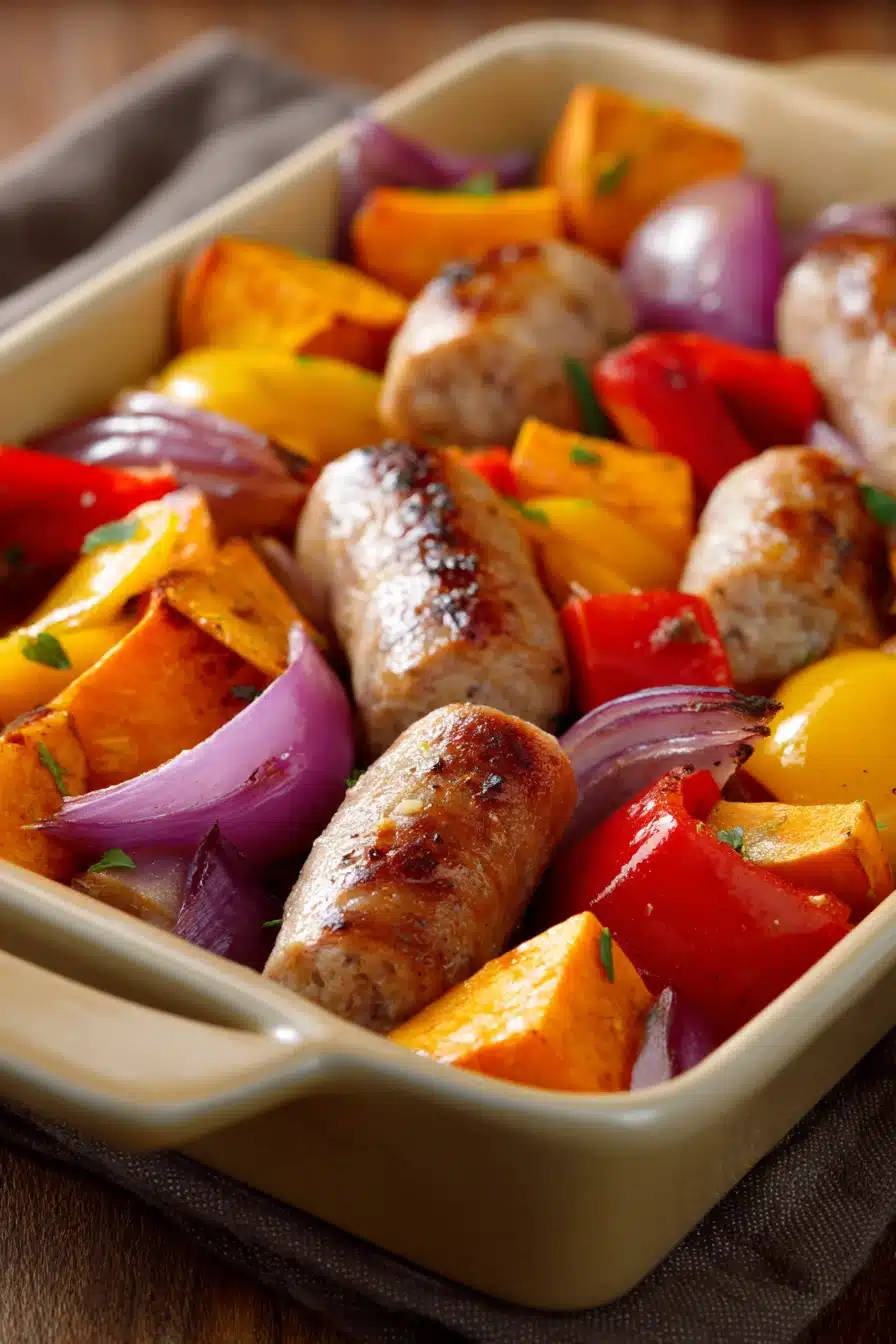 Close-up of a chicken sausage sheet pan meal with roasted vegetables and herbs