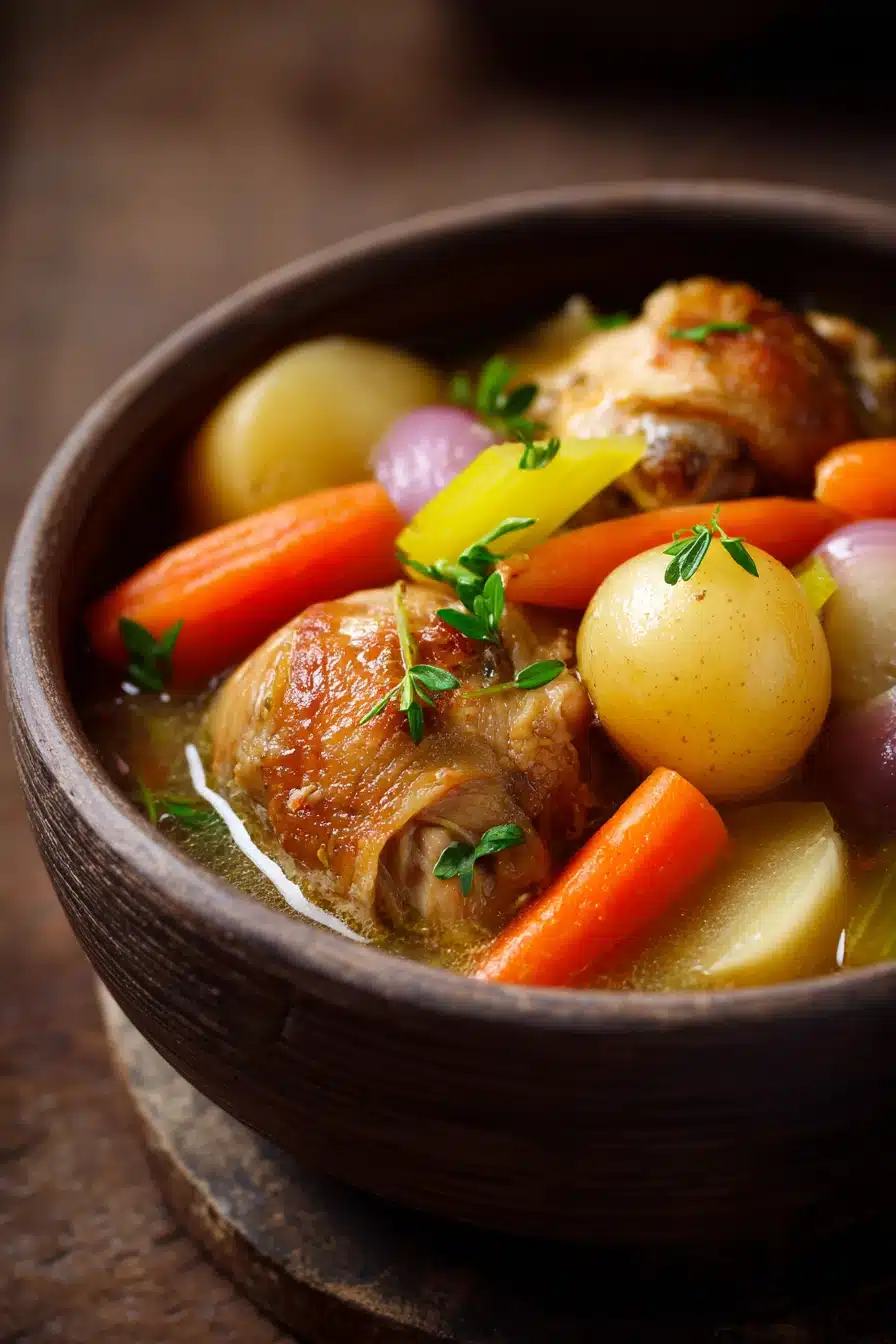 Close-up of chicken stew in slow cooker with vegetables and herbs