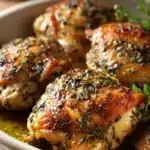 Close-up of a dairy-free chicken thigh dinner with fresh herbs and a light sauce