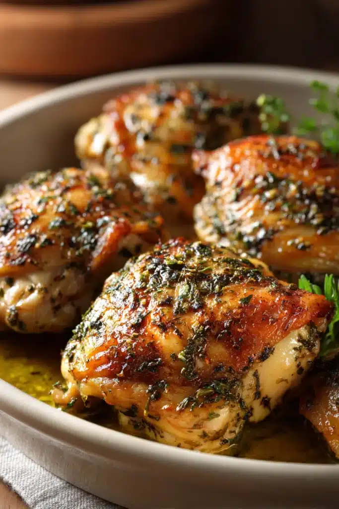 Close-up of a dairy-free chicken thigh dinner with fresh herbs and a light sauce