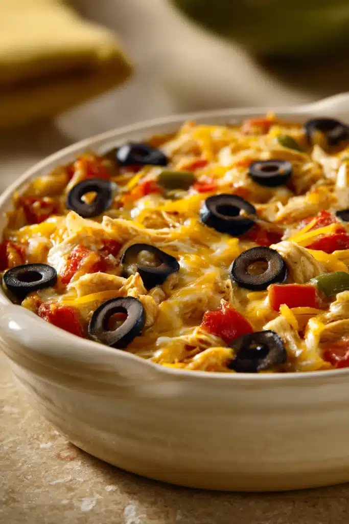 Close-up of a delicious chicken tortilla casserole with melted cheese and crispy tortilla strips.