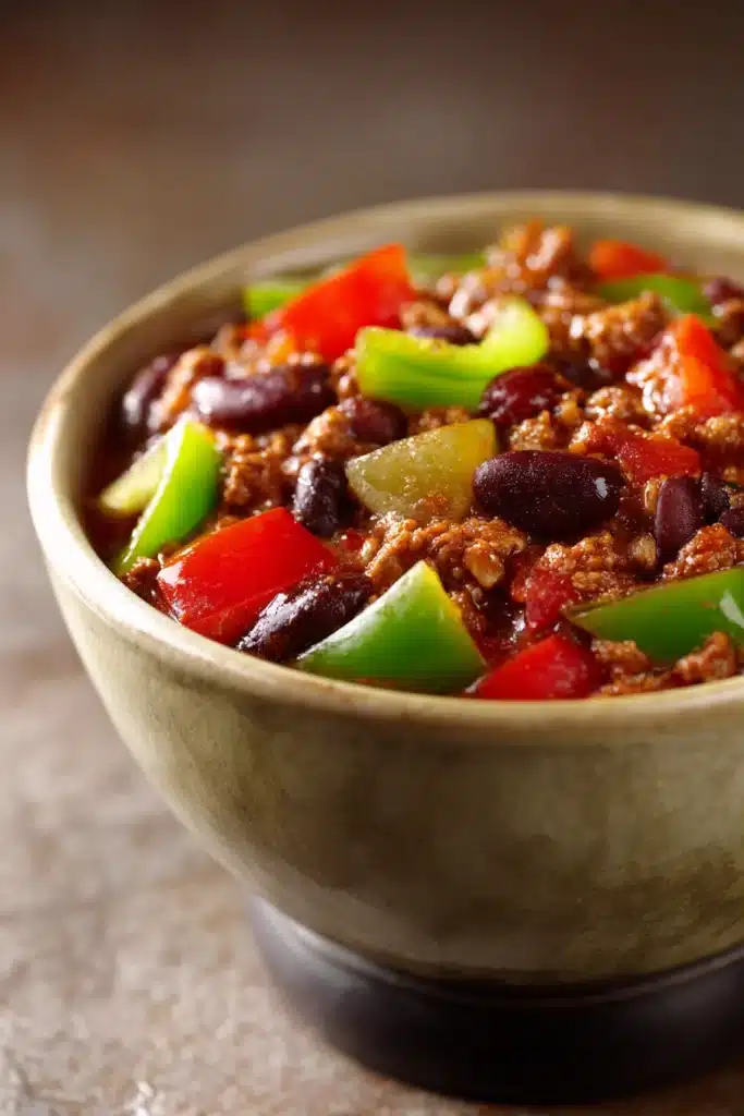 Close-up of Chili Con Carne with beans and spices in a bowl, garnished with herbs.