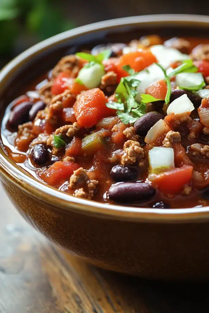 Close-up of chili in a crock pot slow cooker with beans and spices.