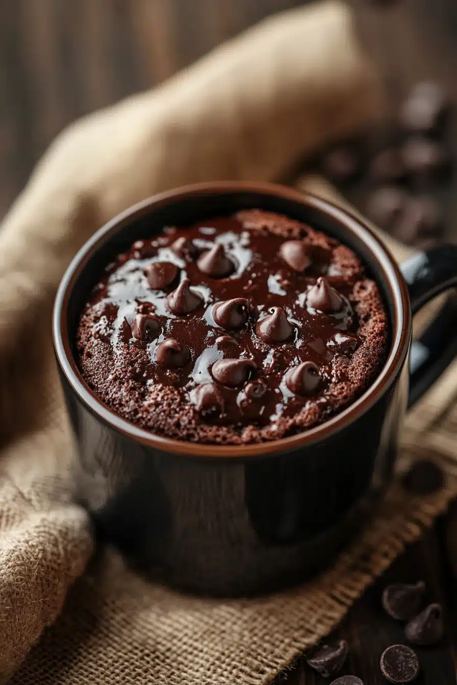 Close-up of a chocolate cake in a mug with a rich, moist texture, perfect for a quick microwave dessert.