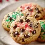 Close-up of freshly baked chocolate chip cookies on a clean white surface, perfect for Christmas treats.