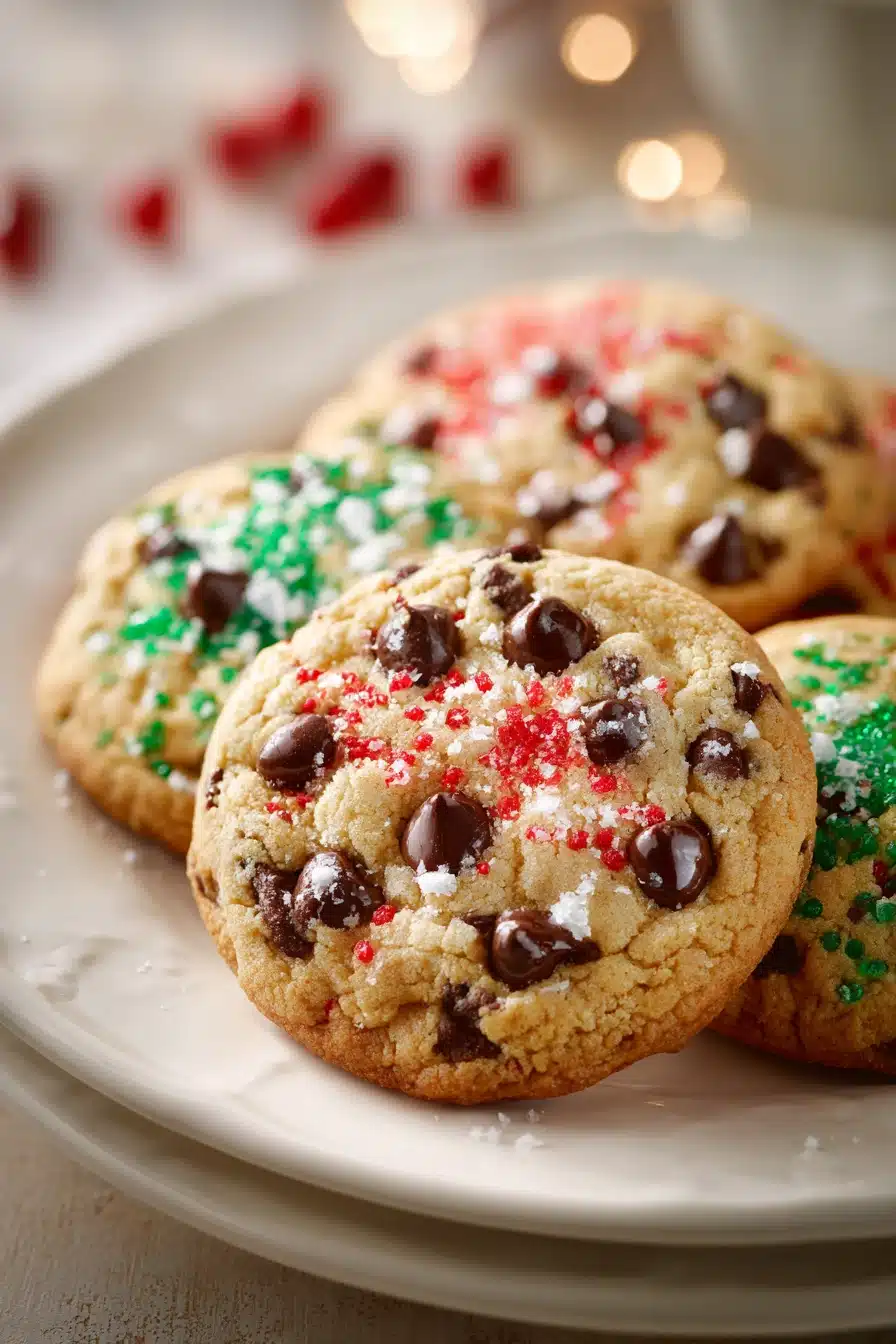 Close-up of freshly baked chocolate chip cookies on a clean white surface, perfect for Christmas treats.
