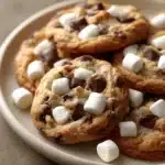 Close-up of a chocolate chip cookie with marshmallow, showing gooey texture and golden brown edges.