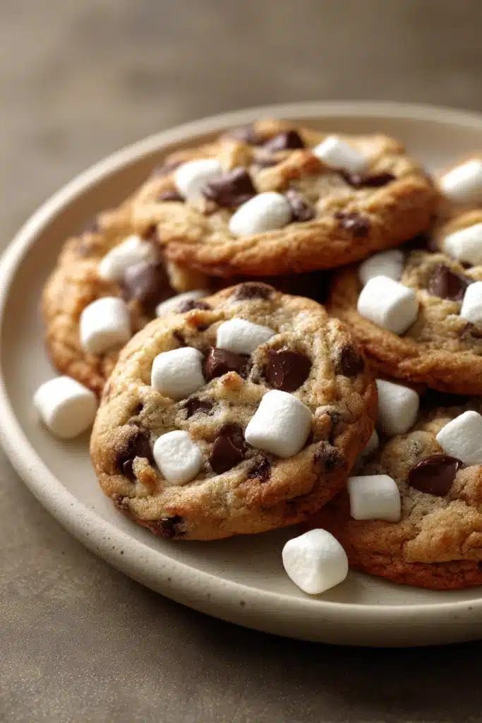 Close-up of a chocolate chip cookie with marshmallow, showing gooey texture and golden brown edges.