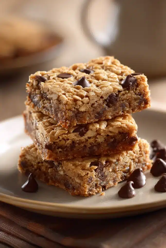 Close-up of chocolate chip oatmeal cookie bars with visible chocolate chips and a golden-brown texture.