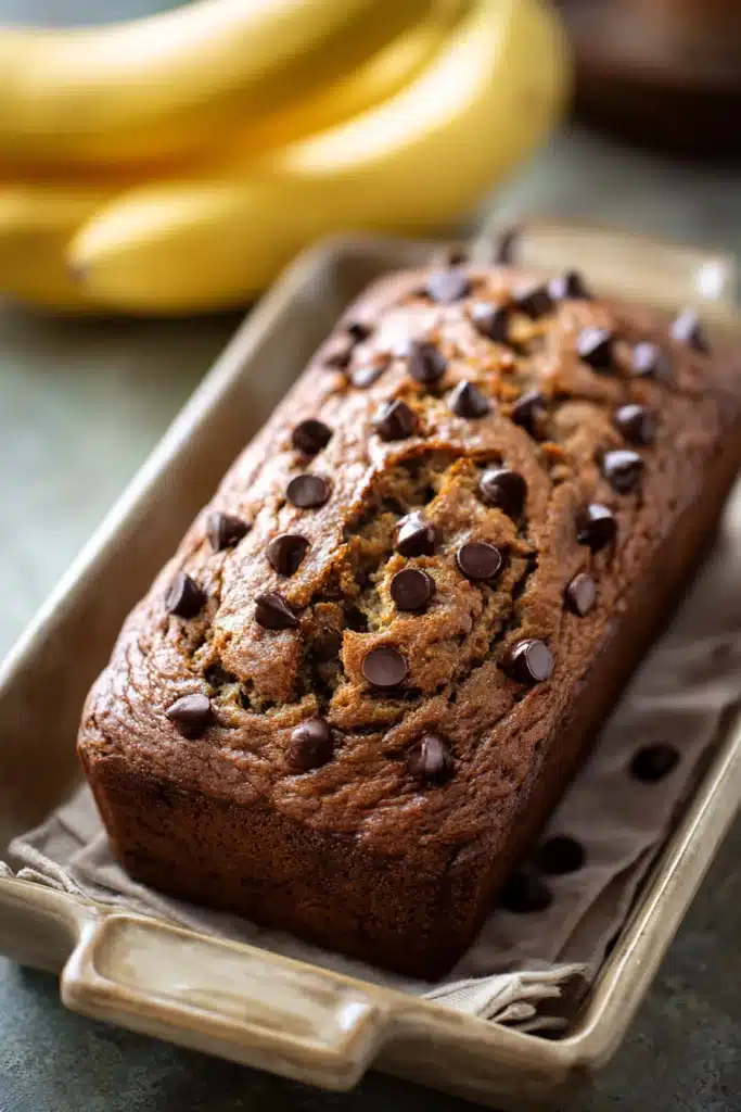 Close-up of chocolate espresso banana bread with a rich, moist texture.