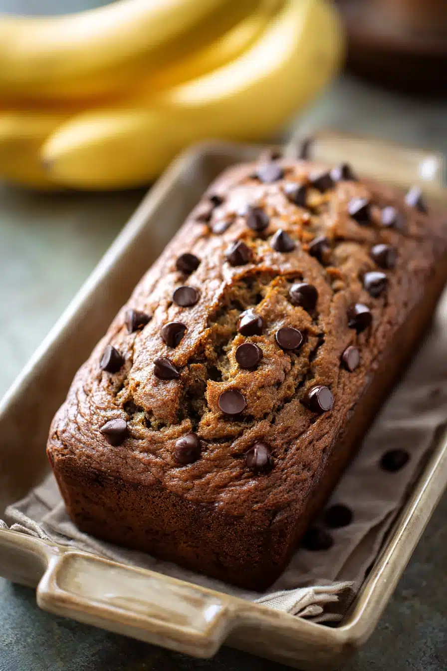 Close-up of chocolate espresso banana bread with a rich, moist texture.