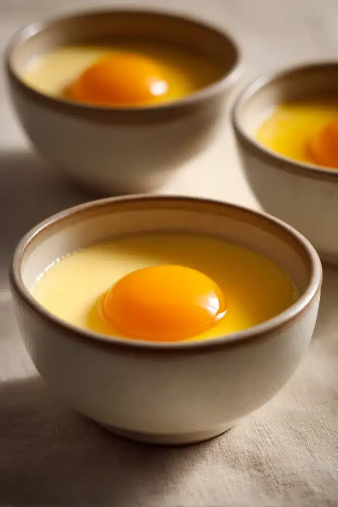 Close-up of classic vanilla custard cups with a smooth, creamy texture and golden hue.